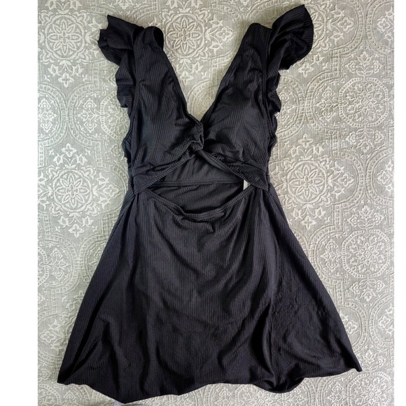 Charmo Other - Charmo Black Ribbed Ruffle Shoulder Cutout Swim Maternity Dress Medium